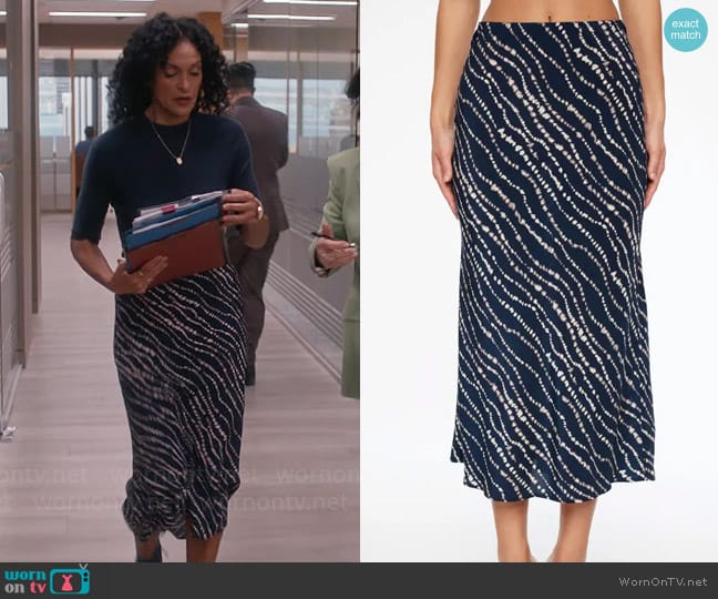 Dynamite Melody Slip Midi Skirt in Navy & Cream Wavy worn by Francey (Rosa Arredondo) on So Help Me Todd