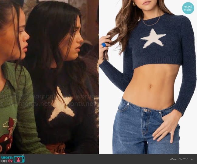 Edikted Starry Supersoft Crop Sweater worn by Noa Olivar (Maia Reficco) on Pretty Little Liars Original Sin