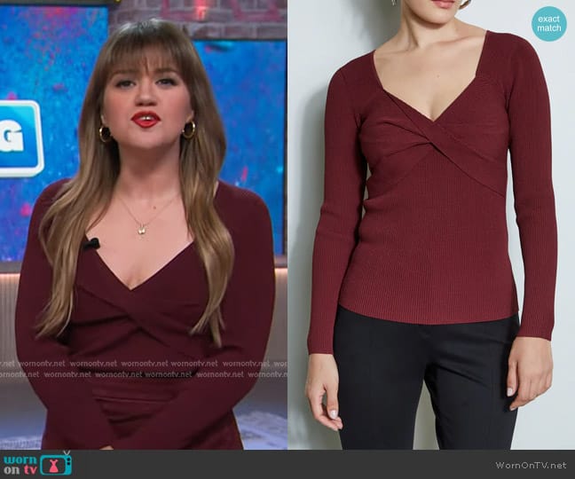 Elie Tahari Twisted Rib-Knit Sweater in Black Cherry worn by Kelly Clarkson on The Kelly Clarkson Show