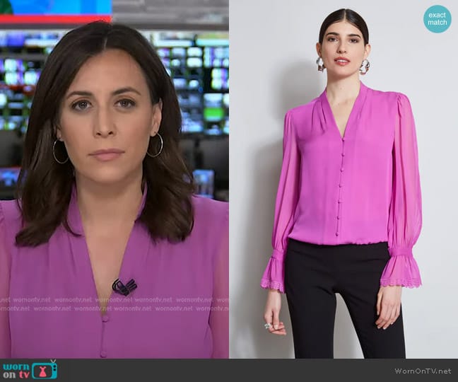 Elie Tahari Embroidered Sleeve Blouson Shirt in Peony worn by Hallie Jackson on Today