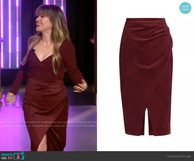 Elie Tahari Faux-Suede Wrap Midi-Skirt in Black Cherry worn by Kelly Clarkson on The Kelly Clarkson Show