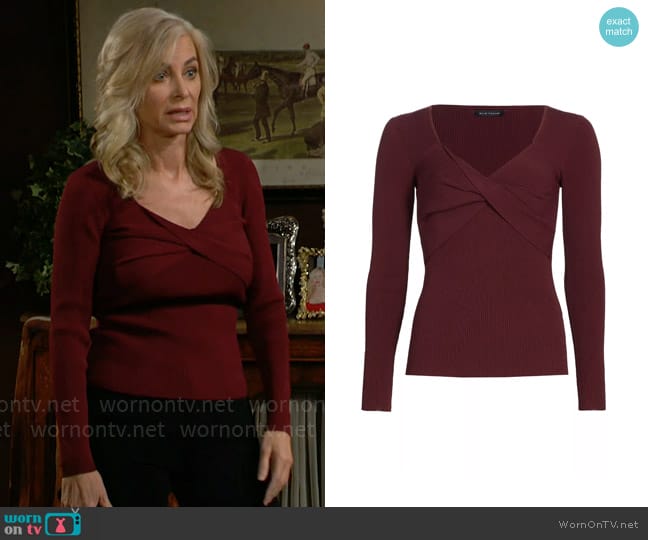 Elie Tahari Twisted Rib-Knit Sweater in Black Cherry worn by Ashley Abbott (Eileen Davidson) on The Young and the Restless