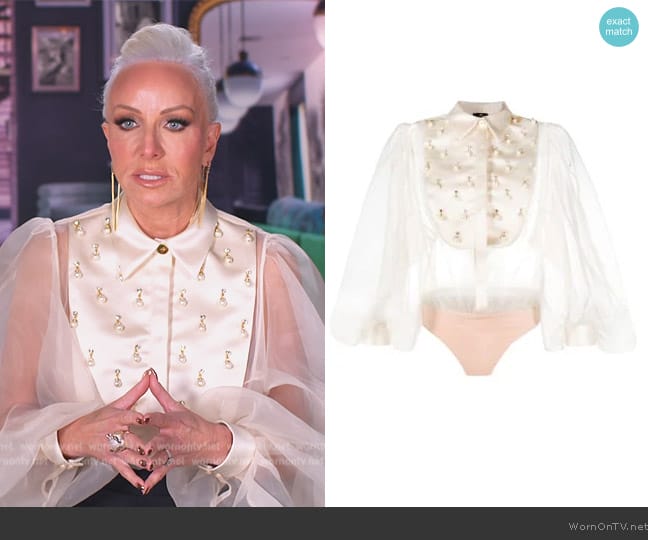 Elisabetta Franchi Faux-pearl detail organza bodysuit worn by Margaret Josephs on The Real Housewives of New Jersey