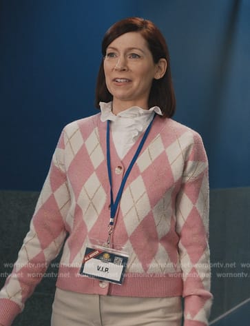 Elsbeth's pink argyle cardigan on Elsbeth