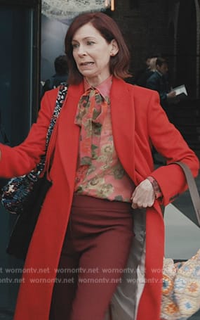 Elsbeth’s red floral print blouse and bag on Elsbeth