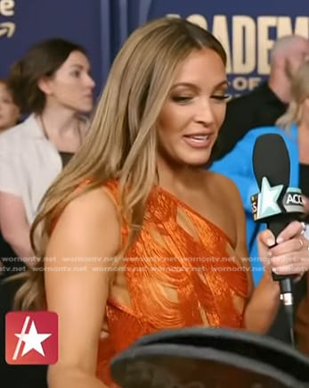 Emily Orozco’s orange beaded mini dress on Access Hollywood