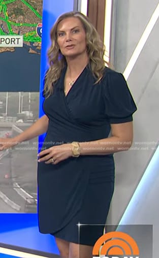 Emily's navy puff sleeve faux wrap dress on Today