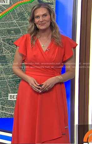 WornOnTV: Emily West’s orange flutter sleeve wrap dress on Today ...