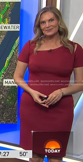 WornOnTV: Emily West’s red asymmetric neck sheath dress on Today ...