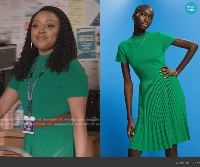 Esprit Mockneck pleated midi dress with short-sleeves worn by Janine Teagues (Quinta Brunson) on Abbott Elementary