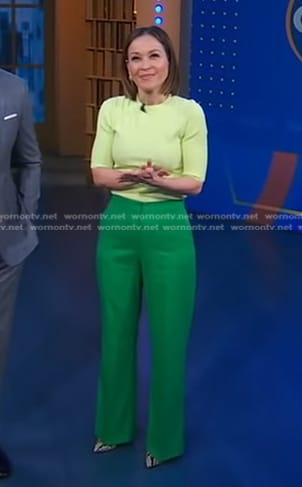 Eva’s yellow ribbed short sleeve top and green pants on Good Morning America