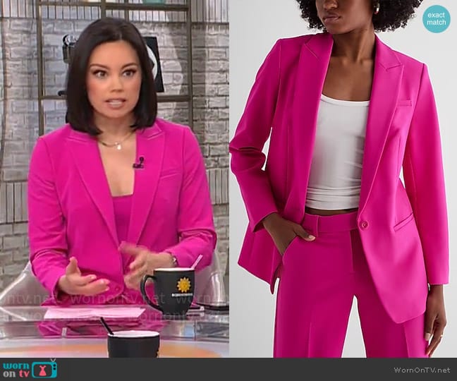 Express Editor One Button Boyfriend Blazer in Neon Berry worn by Jo Ling Kent on CBS Mornings