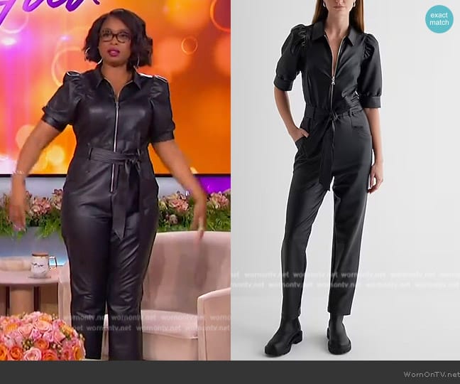 Express Faux Leather Puff Sleeve Tie Waist Straight Leg Jumpsuit worn by Jennifer Hudson on The Jennifer Hudson Show