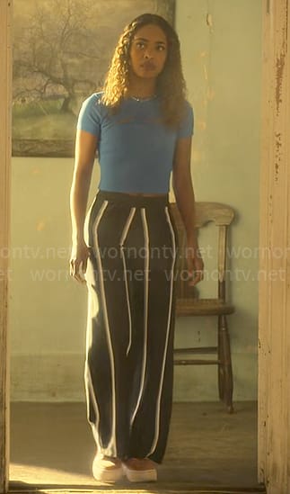 Faran's blue cutout top and striped pants on Pretty Little Liars Original Sin