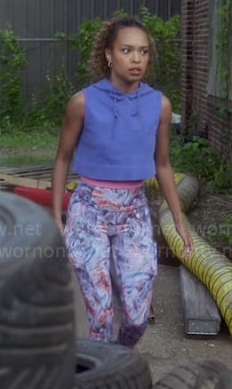 Faran's marbled print leggings and cropped sleeveless hoodie on Pretty Little Liars Original Sin