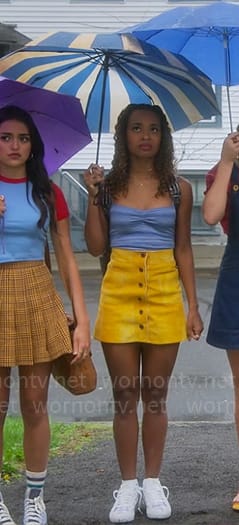 Faran's blue top and yellow button front skirt on Pretty Little Liars Original Sin