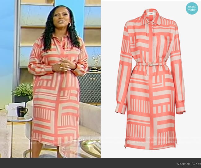 Fendi Salmon pink printed silk dress worn by Tamron Hall on Tamron Hall Show