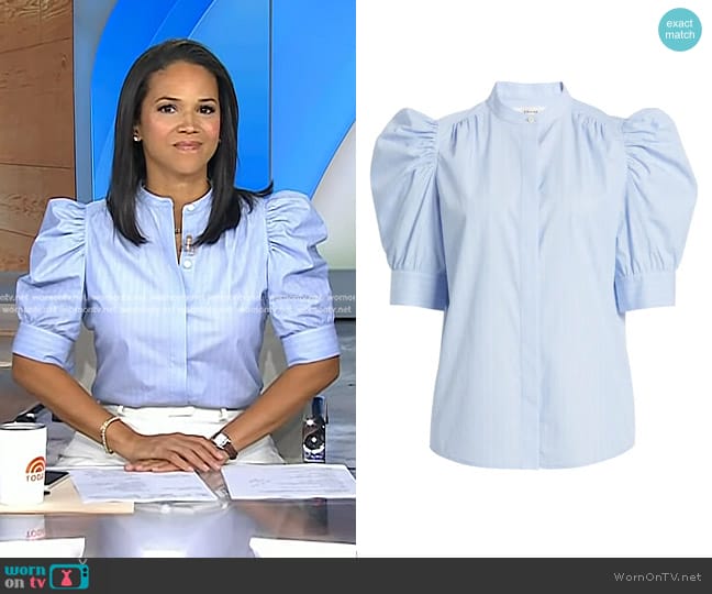 Frame Ruched Puff Sleeve Shirt in Chambray Blue worn by Laura Jarrett on Today