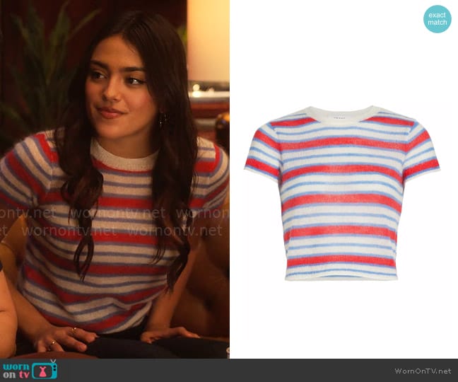 Frame Wool-Blend Striped Cropped Sweater worn by Noa Olivar (Maia Reficco) on Pretty Little Liars Original Sin