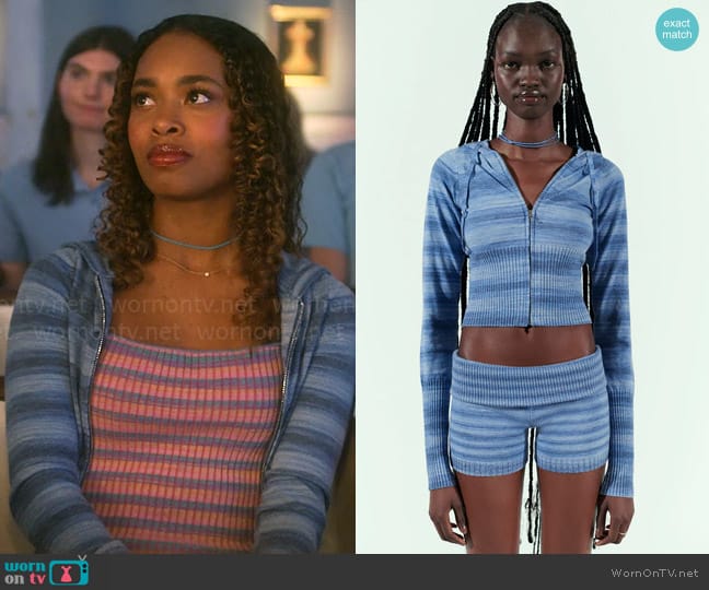 Frankies Bikinis Aimee Hoodie in Sonoma Stripe Blue worn by Faran Bryant (Zaria) on Pretty Little Liars Original Sin