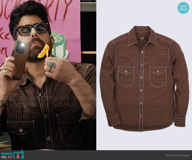 Freenote Cloth Packard Shirt in Brown Stripe worn by Harry Keshegian (Adam Goldberg) on The Equalizer