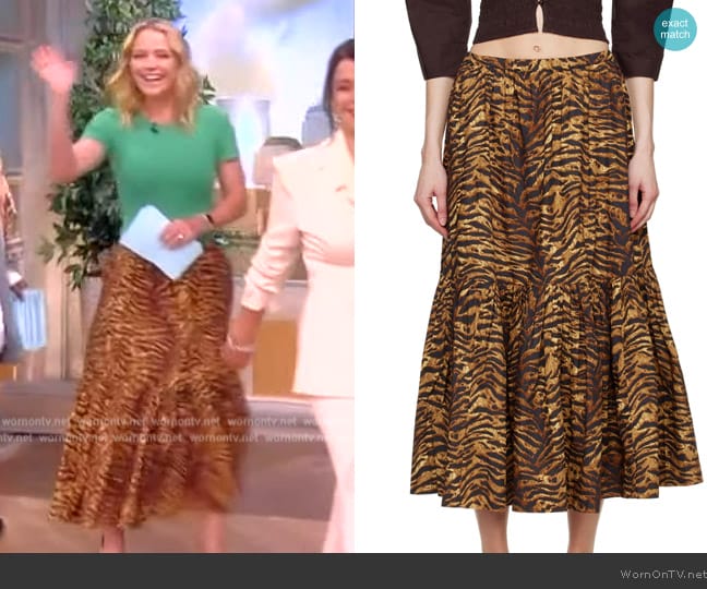 Ganni Tiger-striped poplin midi skirt worn by Sara Haines on The View