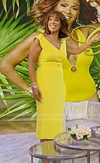 Gayle’s yellow buttoned v-neck dress on Tamron Hall Show