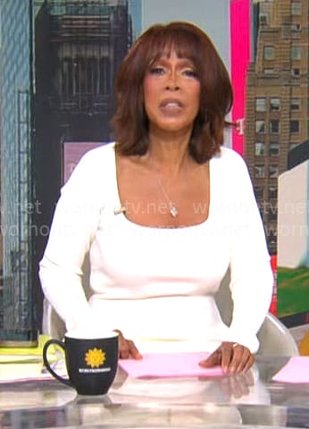 Gayle King’s white square-neck dress on CBS Mornings