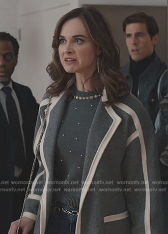 Gemma's gray contrast coat and sweater on Elsbeth