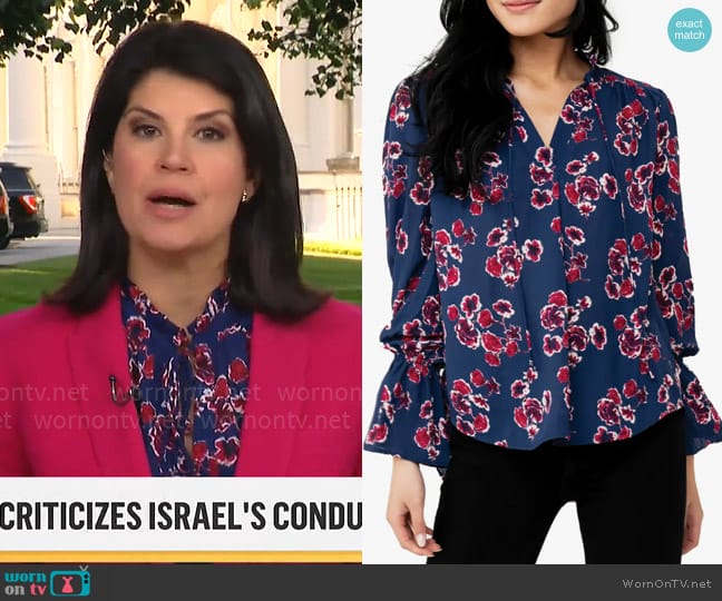 GibsonLook Floral Print Tie Neck Blouse in Blue Depths Floral worn by Natalie Brand on CBS Mornings