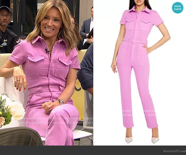 Good American Fit for Success Utility Jumpsuit in Lollipop worn by Kit Hoover on Access Hollywood