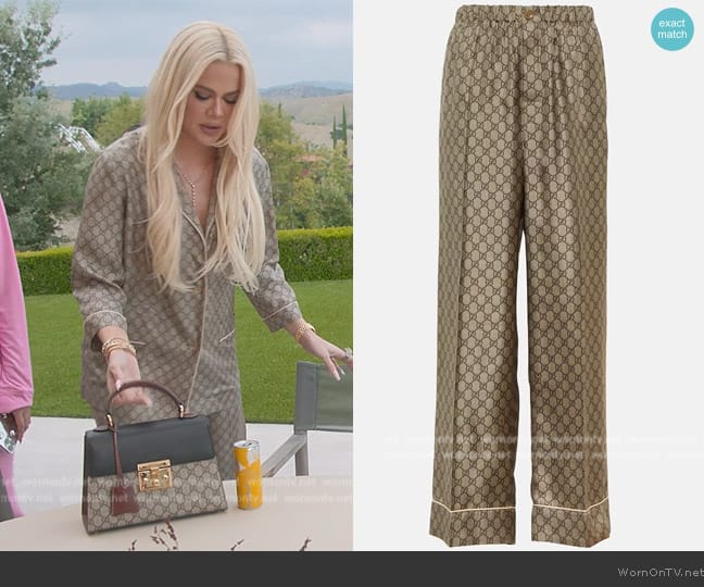 Gucci Cropped silk-satin jacquard wide-leg pants worn by Khloe Kardashian (Khloe Kardashian) on The Kardashians