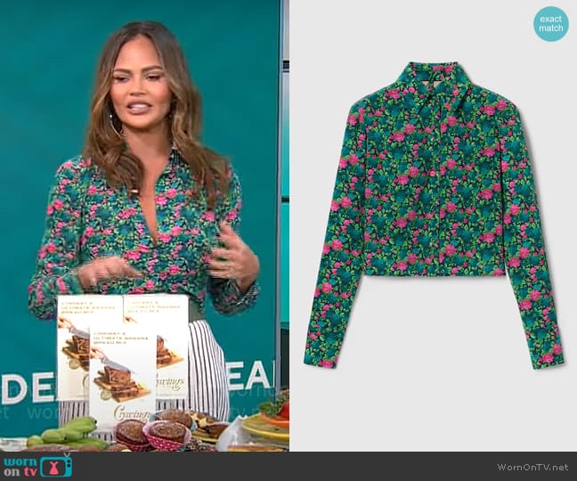 Gucci Floral Print Shirt and Bra Set worn by Chrissy Teigen on CBS Mornings