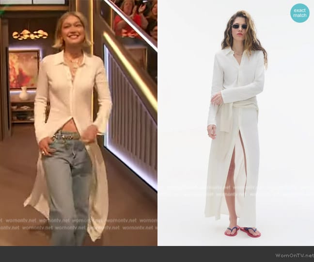 Guest in Residence Showtime Shirt Dress worn by Gigi Hadid on The Drew Barrymore Show