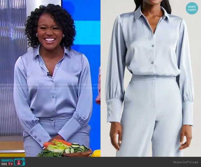 WornOnTV: Janai’s blue satin shirt and pants on Good Morning America ...