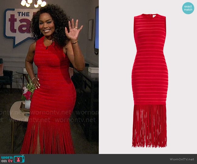 Herve Leger Textured Chenille S/L Fringe Midi Dress worn by Angela Bassett on The Talk