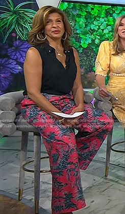 Hoda's black top and red printed wide-leg pants on Today