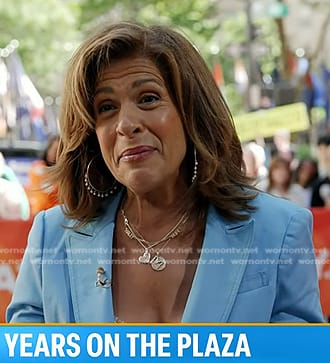 Hoda’s blue ruched sleeve blazer and pant suit on Today