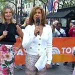 Hoda's white cardigan and paisley print flare pants on Today