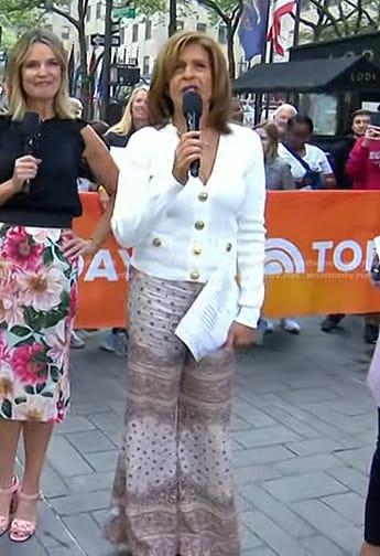 Hoda's white cardigan and paisley print flare pants on Today