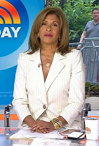 Hoda's white pinstripe blazer and pant suit on Today