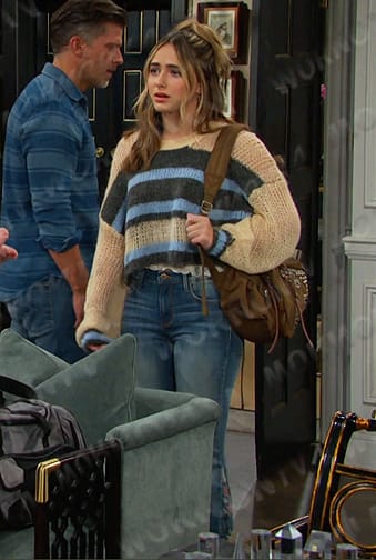 Holly's beige striped sweater and floral jeans on Days of our Lives