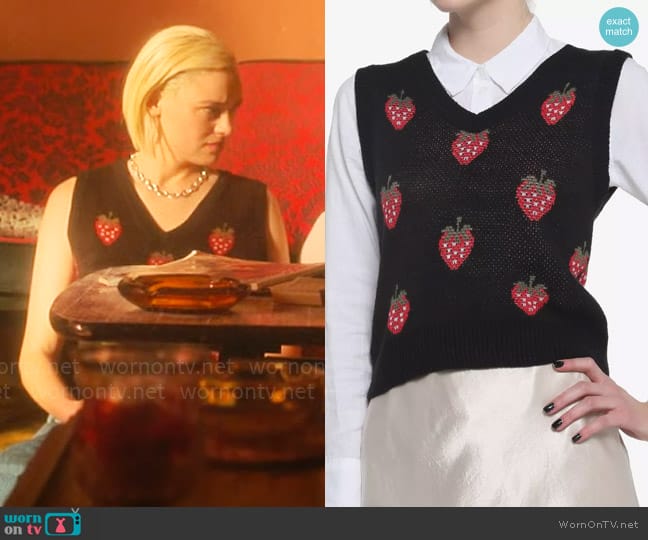 Hot Topic Strawberry Girls Sweater Vest worn by Jennifer Fox (Ava Capri) on Pretty Little Liars Original Sin