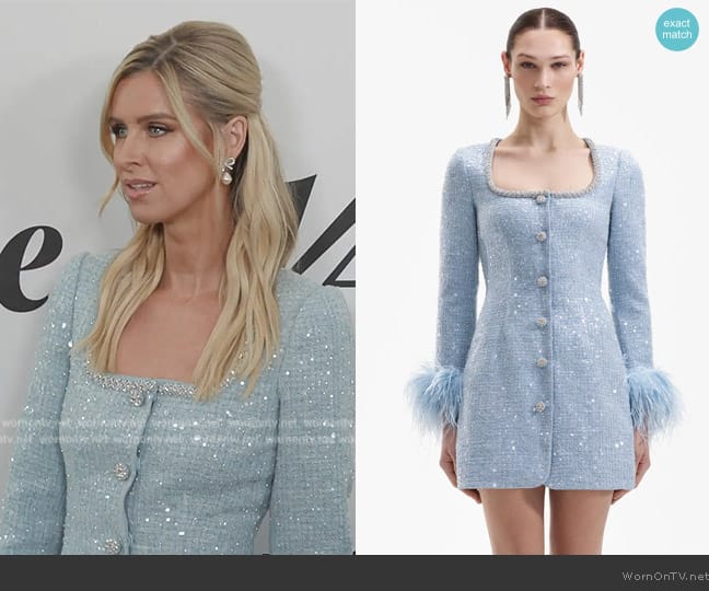 Self Portrait Blue Sequin Boucle Feather Mini Dress worn by Nicky Hilton on E! News