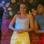 Imogen’s floral lace-trim cami and yellow knit pants on Pretty Little Liars Original Sin