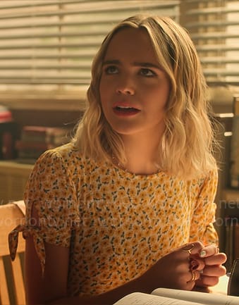 Imogen's yellow floral dress with tie sleeves on Pretty Little Liars Original Sin