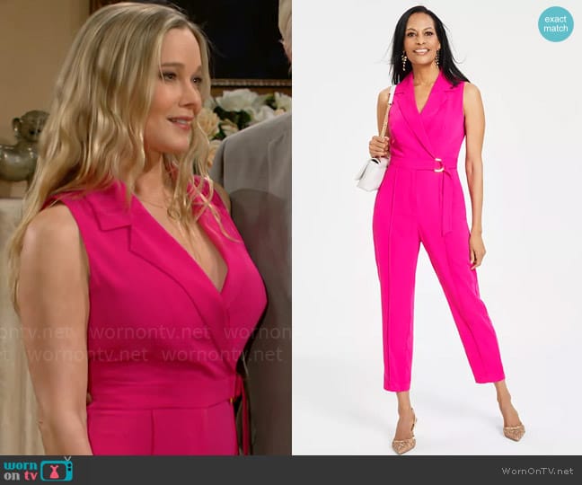 INC International Concepts Notched Collar Jumpsuit in Pink Dragonfruit worn by Donna Logan (Jennifer Gareis) on The Bold and the Beautiful