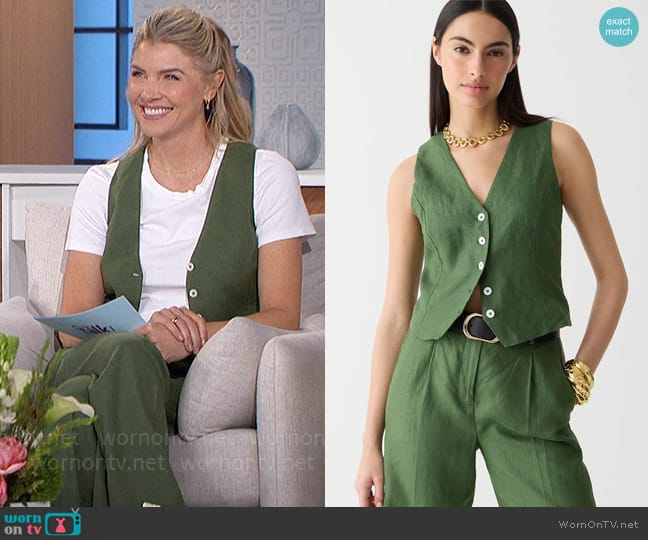 J. Crew Slim-fit linen vest in Utility Green worn by Amanda Kloots on The Talk