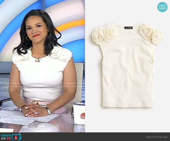 J. Crew Vintage rib rosette T-shirt in Ivory worn by Laura Jarrett on Today