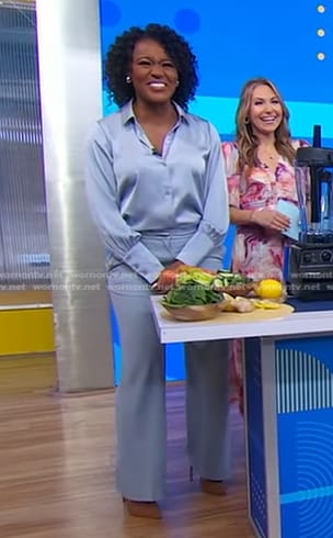 Janai’s blue satin shirt and pants on Good Morning America